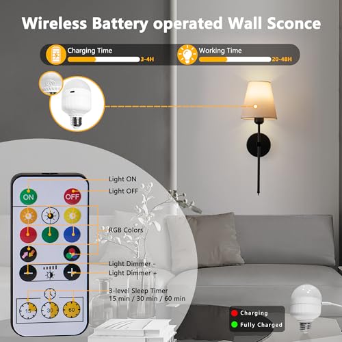 Image of Battery Operated Wall Sconces Set of 2-70H Rechargeable Detachable Bulbs with Stepless Dimming Remote, Wireless Wall Lamps Sconces for Hallway Living Room Bedroom Decor (Black 2-Pack)