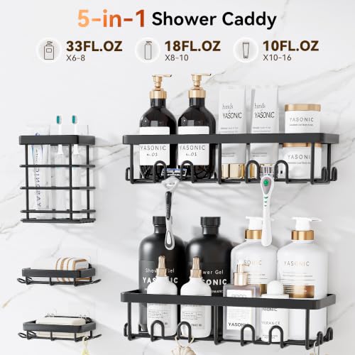 Image of YASONIC Shower Caddy Adhesive, 100% Rustproof Shower Organizer with Soap and Toothbrush Holder, Large Capacity Shower Shelves for Inside Shower, No Drill Shower Storage for Home (5 Pack Black)