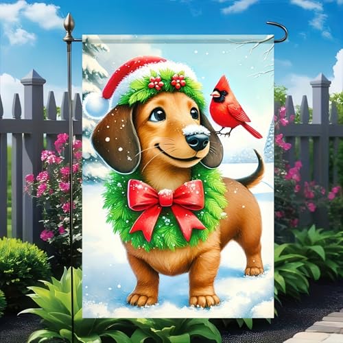 Image of BlissYard Winter Yard Flag Dachshund Cardinal 12x18 Inch Polyester