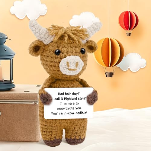 Image of Hoedia Positive Crochet Highland Cow with Inspirational Card, Emotional Stuffed Animal Self Care Gift, Get Well Birthday Gifts for Women Men Friends Coworkers