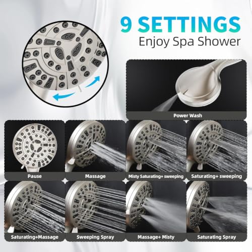 Image of BESAQUO 9 Settings High Pressure Handheld shower head with Power Wash | Pause Mode for Water Saving, Power Wash for Tub&Tile, Easy Clean Nozzles, 6ft Hose,Bracket / Satin Nickel