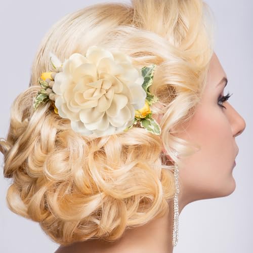Image of Dainty Fabric Rose & Camellia Flower Oversized Brooch Pins & Hair Clip - Large Lapel Pin, 4.3in /7.5in