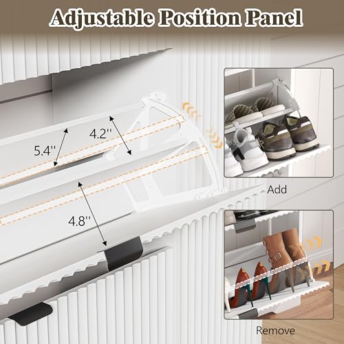 Image of Shoe Cabinet Storage for Entryway with 3 Flip Drawers & Side Cabinet, Fluted Narrow Shoe Organizer with Wooden Leg, Freestanding Shoe Storage Hidden Shoe Rack Organizer for Front Door Entrance, White