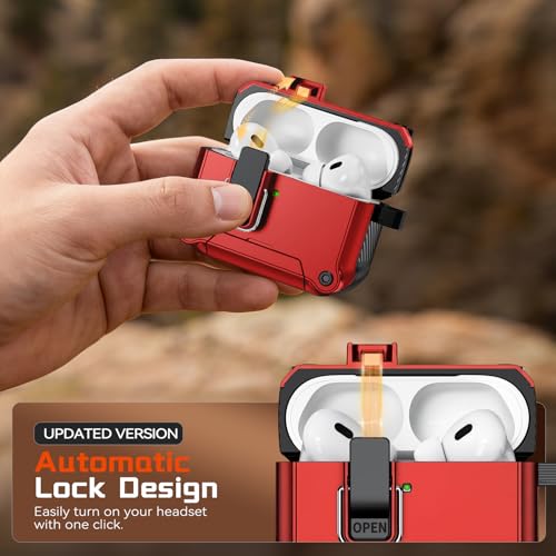 Image of Inesore for AirPods AirPods Pro 1st /2nd Case with Secure Lock (Red) | Phone Stand Design,Compatible with MagSafe,Automatic Snap Switch Secure Cover with Cleaner Kit & Keychain
