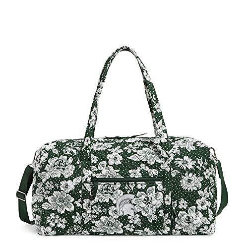 Vera Bradley Women's Cotton Collegiate Large Travel Duffle Bag (Multiple Teams Available), Michigan State University Dark Green/White Rain Garden - Recycled Cotton, One Size