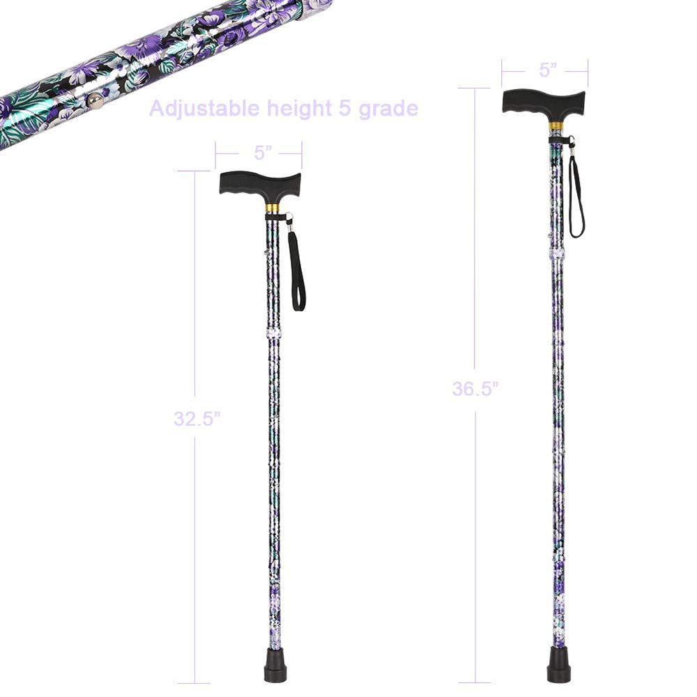 Bastone da passeggio pieghevole, bastone da passeggio portatile con stampa floreale, altezza regolabile, con impugnatura e punta in gomma, ausilio per la mobilità in equilibrio per anziani alla moda