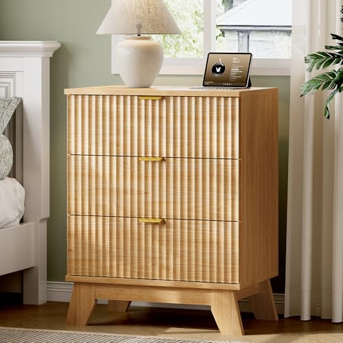 Image of Xixini Fluted Nightstand with Charging Station, Tall Bedside Table, Oak