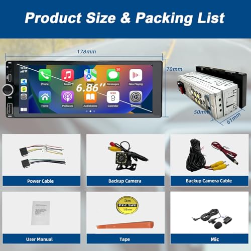 Radio Coche 1 DIN con Carplay Inalámbrico - Pantalla Táctil de 6.86 Pulgadas, Radio CarPlay 1 DIN Soporte Mirror Link para con Cámara de Respaldo, RDS FM Radio/Type-C de Recharge/Mic/SWC - imagen 7
