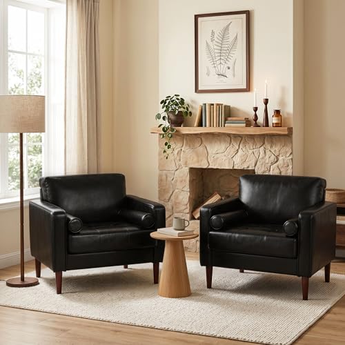 Image of Faux Leahter Accent Chairs Stet of 2, Comfy Upholstered Armchairs for Living Room, Modern Bedroom Reading Seat with 2 Bolster Pillows, Black