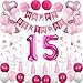 Sweet 15th Birthday Decorations for Girls, Pink and White 15 Happy Birthday Balloonsï¼Œ15th Birthday Party Supplies for Her Daughter Kids Including Pink Happy Birthday Banner, Hot Pink Number 15 Foil Balloons