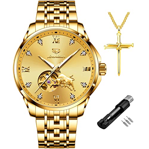 JSDUN Gold Mens Mechanical Watch Minimalism Automatic Self Winding Watches for Men Luxury Stainless Steel Sapphire Big Face Dress Wrist Watch Waterproof All Golden