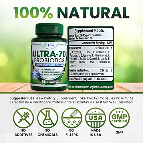 Vita Miracle Probiotics For Men Women Adults Digestive Health 70 Billion Cfu Immune Support Best Daily Probiotic Supplement Organic Natural Prebiotic Dr Formulated For Gut Health With Acidophilus #TOP1