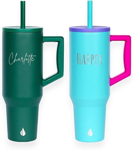 Vaso personalizado de 40 onzas con asa y pajilla, taza de acero inoxidable personalizada para bebidas frías y calientes, taza de viaje con 2 popotes