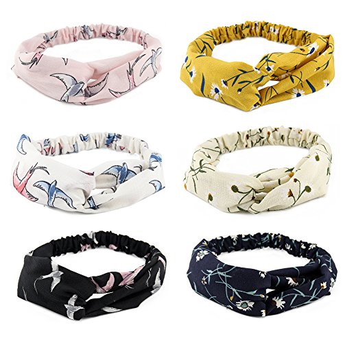 Yeshan Elastic Boho Floal Style Criss Cross Hairband,Twist Knot Headbands/Hairband/Bandana/Turban/Headwrap for Women and Girls,pack of 6