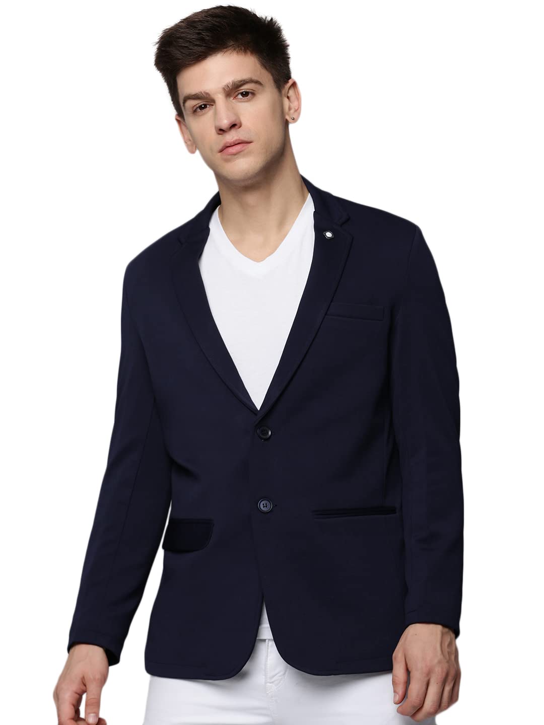 showoffff Men's Notched Lapel Solid Navy Blue Open Front Blazer-EXES-3003_NavyBlue_S-picture-12