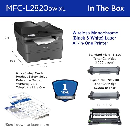 Image of Brother MFC-L2820DW XL Wireless Compact Monochrome All-in-One Laser Printer with Copy, Scan and Fax, Duplex, Black & White | Up to 4,200 Pages of Toner Included(1), Works with Alexa