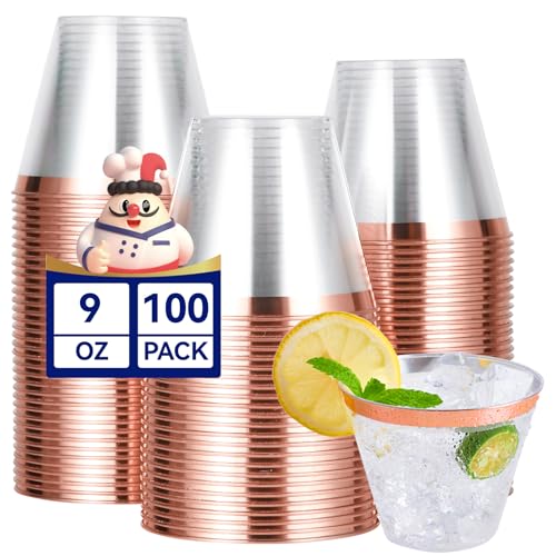 JOLLY CHEF 100 Pack Rose Gold Plastic Cups 9 oz Clear Plastic Tumblers Elegant Rose Gold Rimmed Cups Disposable Glasses for Wedding Thanksgiving Day Christmas Party