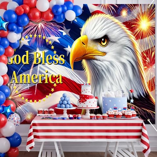 Image of BlissYard 4th of July Backdrop 8x6ft Independence Day Decorations Patriotic Eagle God Bless America Banner American Flag Fireworks Decorations for Memorial Day Independence Day Veterans Day Party Supplies