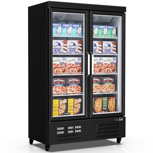 BODEGACOOLER Commercial Freezer Upright, 2 Door Standing Display Freezer With Glass Door, 36 Cu.Ft Large Capacity, -15℉-5℉ Temperature Range, Auto Defrost, For Ice Cream, Frozen Foods