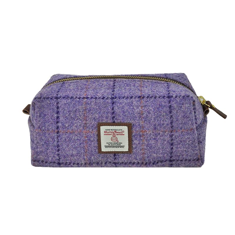 Harris Tweed Wool Cosmetic Bag, Large Capacity Scottish Tartan Handmade Makeup Organizer, Stain-Resistant Travel Toiletry Pouch for Women （Purple Plaid）