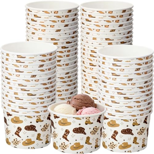 Image of Funnymoom 50 Pack Cowboy Ice Cream Cups 9 oz Western Disposable Dessert Bowls Cowboy Paper Soup Bowls Wild West Snack Cups for Hot or Cold Food for Rodeo Cowgirl Baby Shower Birthday Party Supplies