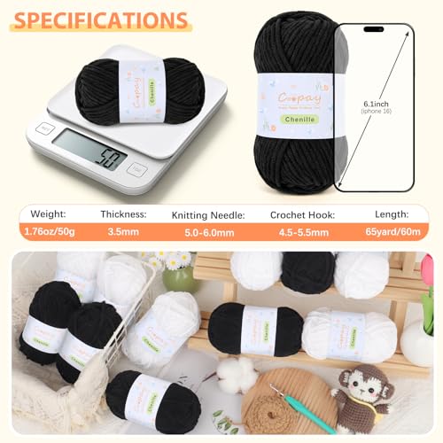 Image of Coopay Chenille Yarn for Crocheting, 8 Pack Medium Weight Yarn - CYC #4 - Total 520yd, Soft Crochet Yarns for Plush Toys, Blankets, Scarves (Black)