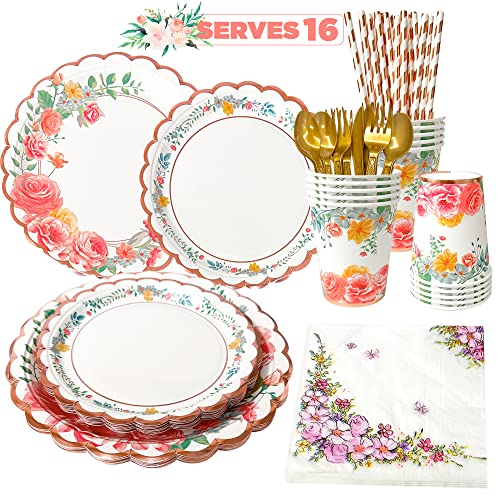 Floral Vaisselle Anniversaire Fille-128pcs Floral Vaisselle Carton Comprendre Assiettes de Fête Florales, Tasse Serviette Papier etc, Pour Anniversaire, Mariage, Enterrement de Vie de Jeune Fille Cover