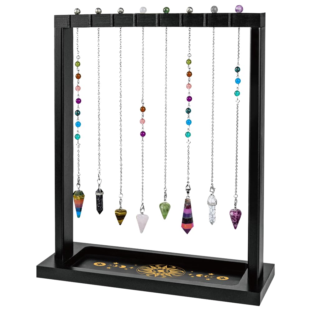 BEUNITONE Sun and Moon Display Stand, Wooden Carved Pendulum Board Stand for Witchy Accessories, Crystal Holder for Rings, Bracelets, Spiritual Stones, Home Office Desk Decor