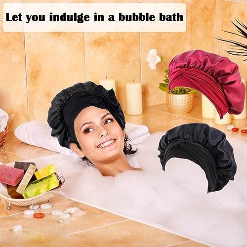 WUBAYI 2PCS Satin Bonnet, Silk Bonnet Hair Wrap for Sleeping Hair Bonnet for Bath Tie Band for Women Long Curly Braid Hair (Black, Red) - Image 4