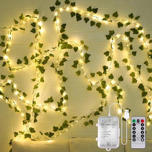 StarryEver LED Efeu Lichterkette Innen Batterie mit Fernbedienung Timer, 12M 120 LED Efeugirlande Lichterkette Außen Batterie mit Blumengirlande Hängend Pflanzen für Hochzeit Schlafzimmer Terrasse