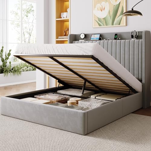 Image of Allewie Full Size Lift Up Storage Bed Frame,Storage Shelf Headboard with Charging Station,Type-C and USB Ports,Hydraulic Support,Velvet Upholstered Bed Frame,No Box Spring Needed,Grey