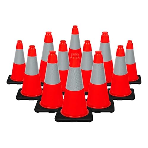 (Set of 12) CJ Safety 18 inch Traffic Safety Cones with Heavy Duty Black Base Orange Premium PVC with 6' Reflective Collar for No Parking, Training Cones, Caution Cones (12 Pack Cones)