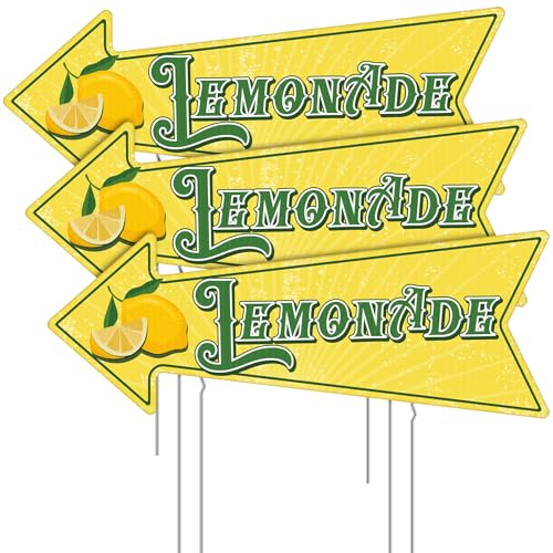 Memorywuu 3 Pack Summer Stand Signs Arrow Sign 6 x 16 Inches Yard Sign with Metal Stakes Double Sided Print Yard Signs for Outdoor Advertisement Business Decor Store Garages Offices(Lemonade)