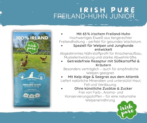 Irish Pure Junior Huhn – Hundefutter - 12kg + 6x390g - Trockenfutter & Nassfutter für Welpen – getreidefrei – mit Freiland-Huhn, Gemüse & Kelp-Alge – ohne Zusätze & künstliche Stoffe - Sparpaket