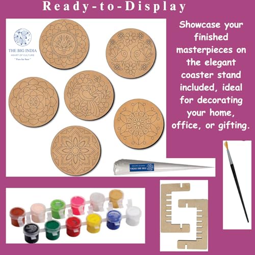 Image of Mandala Tea Coaster Kit | Lippan Art Coaster | Set of 6 with 12 Colors, 1 Brush & 1 Mouldit Clay Cone |DIY Painting Craft Kit for Adults & Kids