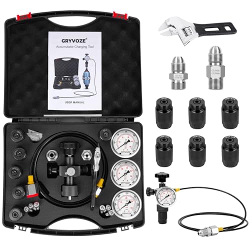 GRYVOZE Hydraulic Nitrogen Accumulator Charging Kit, Nitrogen Fill Kit, Pressure Test System, Gas Charge Tools with 7 Adapters, 3 Gauges, 1 Gas Hose and G5/8 Male to CGA580 Male Adapter