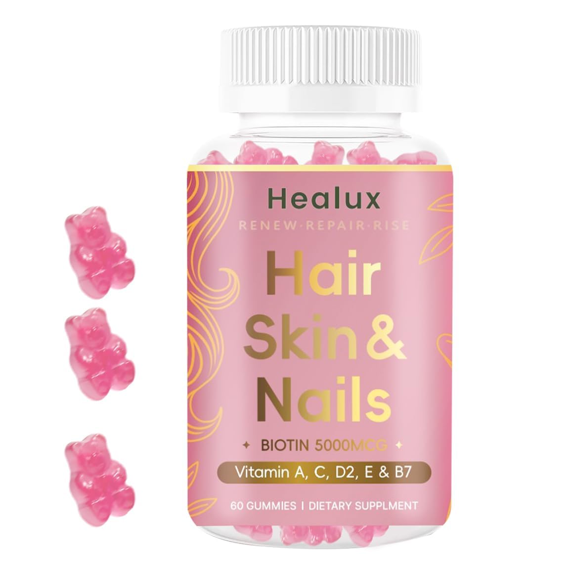 Hair Skin and Nails Gummies, 5000 mcg Biotin with Vitamins A, C, D2 & E, B-Complex, Zinc & Iodine, Hair Skin and Nails Vitamins for Women & Men, Supports Hair Growth, Nails, Glowing Skin - 60 Gummies