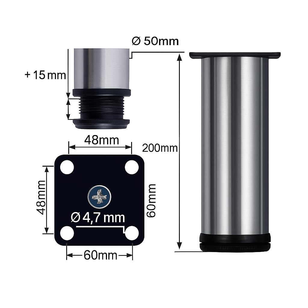4 piedini per mobili regolabili, in acciaio inox spazzolato, versatili, per mobili, mobiletti, armadi, tavoli, diverse misure, 200 mm