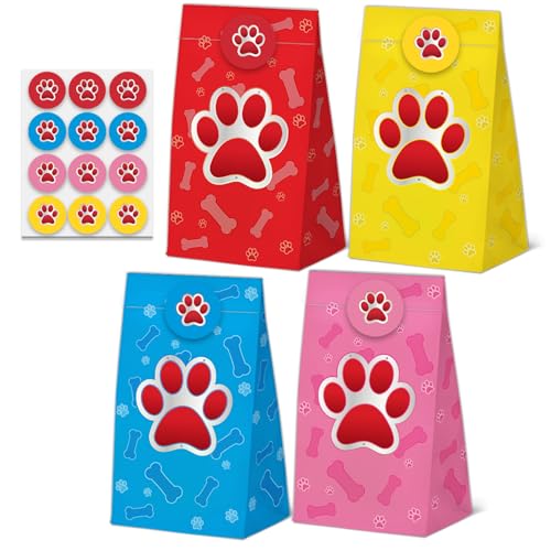 24 Pcs Dog Paw Print Goodie Bags Puppy Pet Print Gift Bags with Stickers -Dog Animal Themed Birthday Party Favor Bags, Animal Themed for Party Decoration Supplies