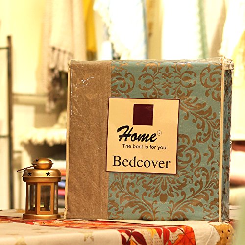 Image of Self Design Cotton Jacquard bedcover for Double Bed with 2 Pillow Covers (Turquoise)