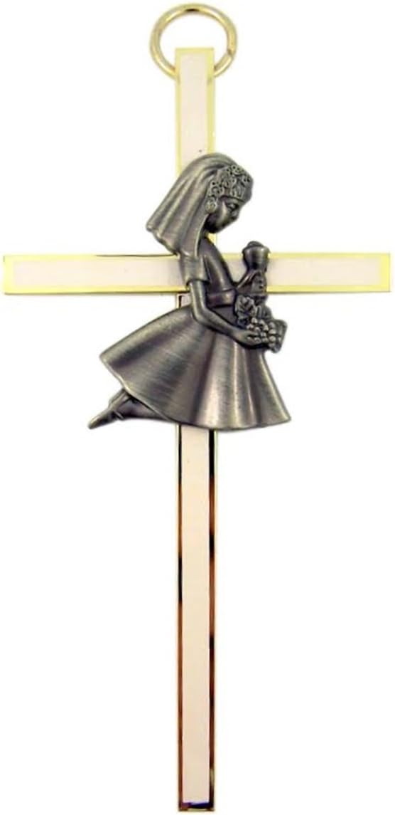singer star case White Enamel First Holy Communion Brass Wall Cross, 4 Inch (Girl)