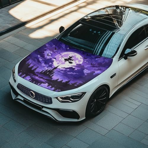 Image of Car Hood Cover Protector Witch Castle Halloween Print Waterproof Car Hood Wrap Blanket Auto Flag Automotive Halloween Exterior Accessories for Sedans SUVs Pickups Trucks Jeeps