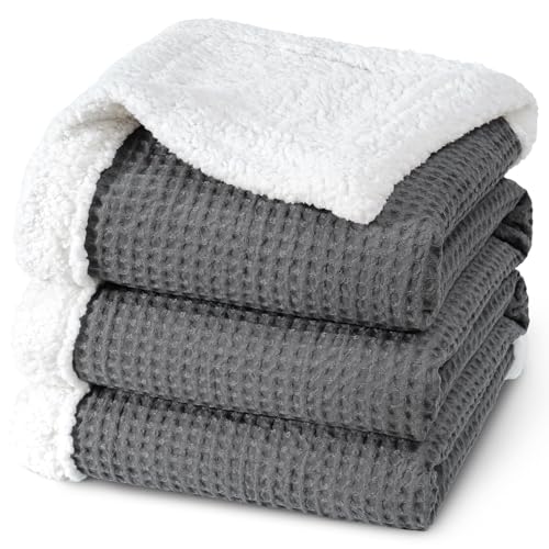 PHF Waffle Sherpa Blanket King Size, 104x90 Inches Luxury Plush Flannel Fleece Blanket for Winter, No Shed No Pilling, Cozy Soft & Reversible Waffle Weave Bedding for Home Decor, Grey