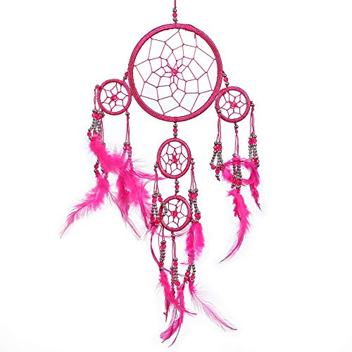 Pink Pineapple Atrapa Sueños Pequeña Bohemio: Arte de Pared de Dreamcatcher Colgante Ético con Plumas y Cuentas, de Color Fucsia con Diseño de Ganchillo Tradicional - 12cm de Ancho, 35cm de Largo