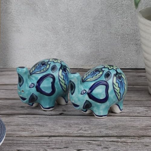 Image of VarEesha Vrinda Green Ceramic Elephant Salt n Pepper Shakers Set for Dining Table Used as Namak Dhani, Shaker, Sprinkler for Home, Kitchen and Restaurant