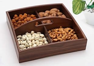 Wooden Square Tray with Handle Serving Trays 4 Compartments Candy Snack Storage Organizer Decorative Ottoman Tray for Home and Restaurant