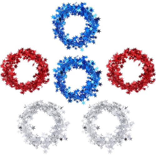 Shappy 6 Rolls Patriotic Garlands Star Wire Tinsel (24.6 Feet Per Roll) Red White and Blue 4th of July Party Decorations Independence Day Memorial Outdoor Indoor for Wreath Making