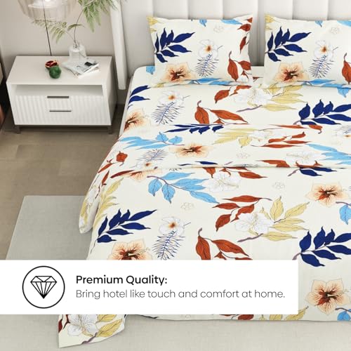 Image of Rivermoor 200 TC Ultrasoft Cotton Bedsheet for Double Bed | Queen Size Bed Sheet with 2 Pillow Covers | Beige Floral Print | 88 x 96 Inches | Breathable & Hypoallergenic
