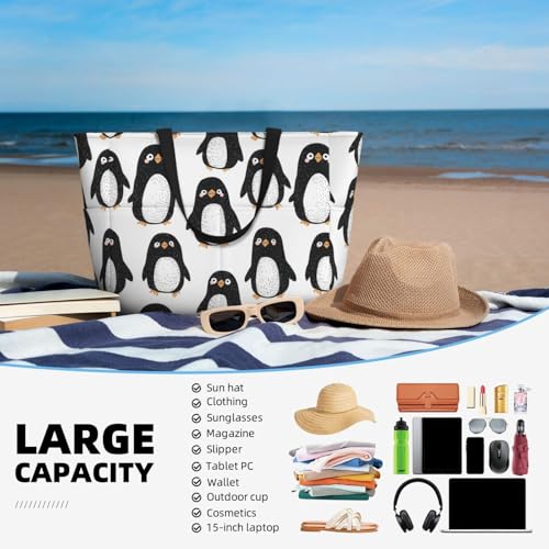 Large Beach Bags for Women Sandproof - Cute Penguin Cartoon Print Summer Travel Work Tote Bags with Zipper4