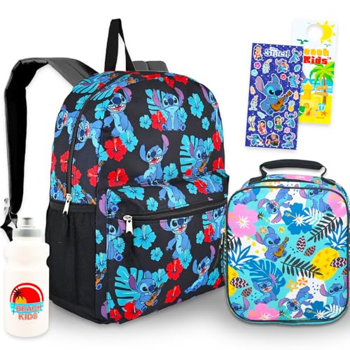 Disney Mochila Stitch e lancheira para meninas – Pacote com mochila escolar de 41 cm, lancheira, garrafa de água, adesivos, mais | Mochila Lilo e Stitch com lancheira para crianças
